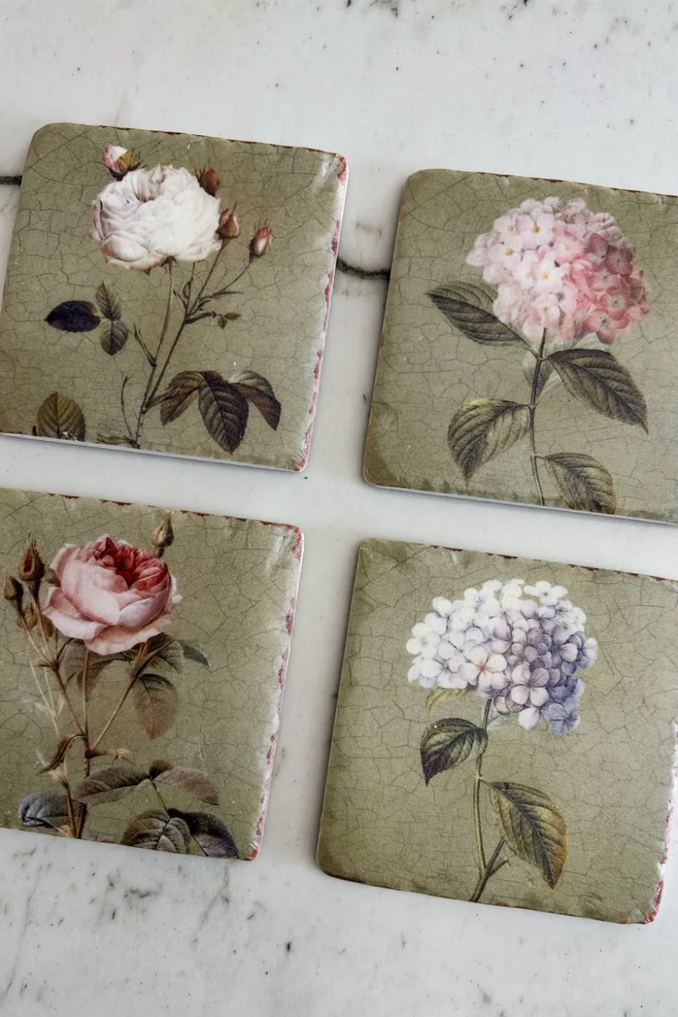 Set 4 Posavasos De Mármol Diseño Flores