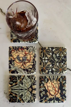 Set 4 Posavasos De Mármol Diseño Flores Ocres