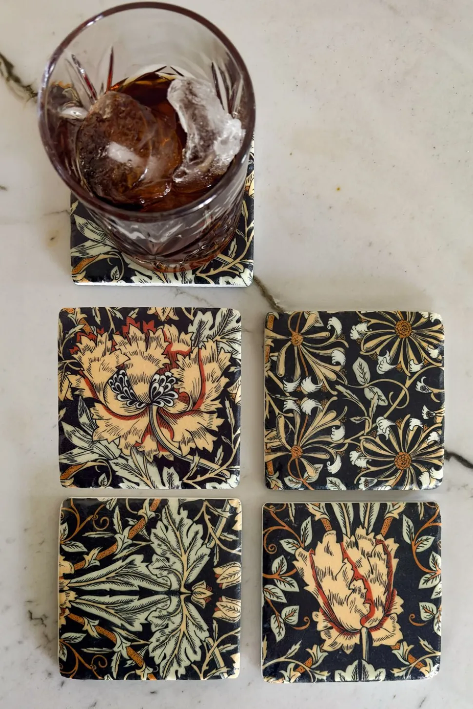 Set 4 Posavasos De Mármol Diseño Flores Ocres