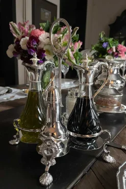 Set Aceitera, Vinagrera, Salero Y Pimentero De Cristal Y Plata Co