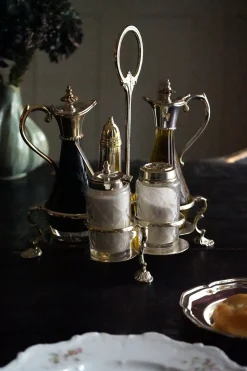 Set Aceitera, Vinagrera, Salero Y Pimentero De Cristal Y Plata Co