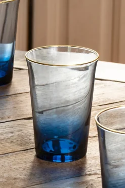 Set De 6 Vasos De Cristal Azul Con Filo Dorado