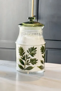Tarro De Cristal Con Tapa Diseño Flores Verdes