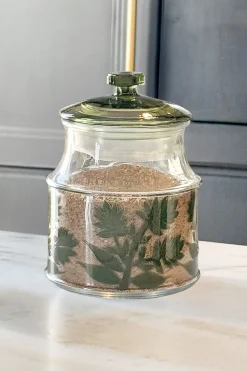 Tarro De Cristal Con Tapa Diseño Flores Verdes
