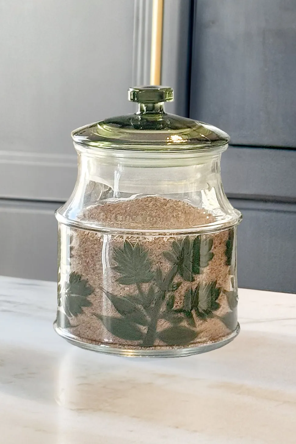 Tarro De Cristal Con Tapa Diseño Flores Verdes