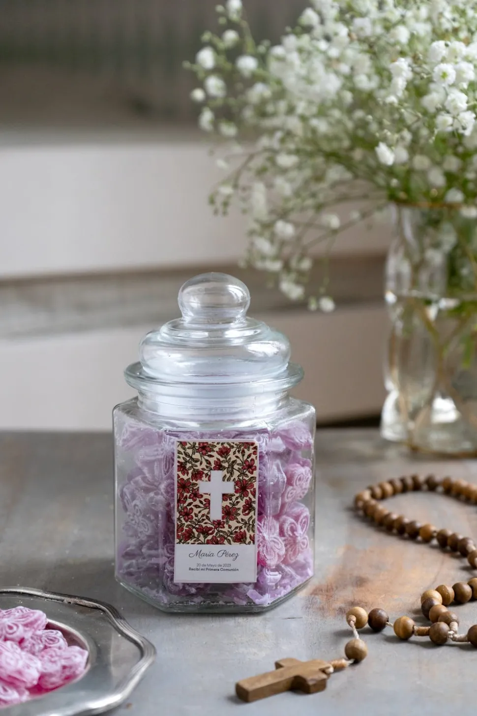 Tarro Hexagonal Violetas Personalizado Especial Comuniones